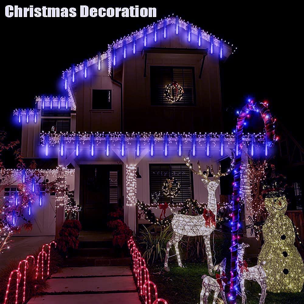 Kordain Outdoor Christmas Lights, Falling Rain Meteor Shower 12 inch 8 Tubes 144 LED Snow Icicle Cascading Fairy String Lights for Holiday Wedding Party Garden Tree Decor, UL Plug, Blue