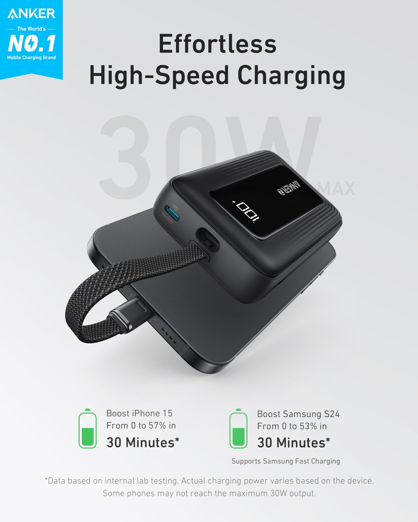 Anker Zolo Power Bank, 10,000mAh 30W High-Speed Portable Charger with Built-In USB-C Cable, Fast Charging Battery Pack for iPhone 17/17 Air/17 Pro/17 Pro Max/16/15 Series, Galaxy, iPad, and More