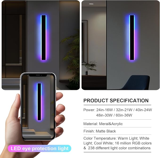 2 Pack Outdoor Led Wall Light, 48 inch Modern RGB Outdoor Wall Lights for Patio, Dimmable Exterior Long Linear Lighting, Wall Mounted Light Fixtures for Porch, Garage, Front Door