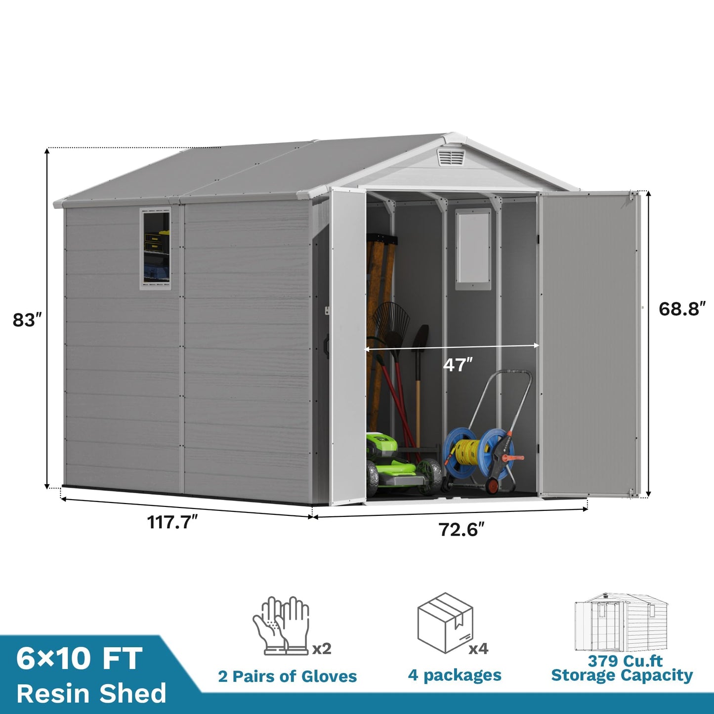 Devoko 6x10 FT Plastic Storage Shed with Floor, Large Resin Outdoor Sheds with Lockable Door and Windows, Waterproof Outside Tool Garden Shed for Patio, Lawn, Backyard, Light Gray