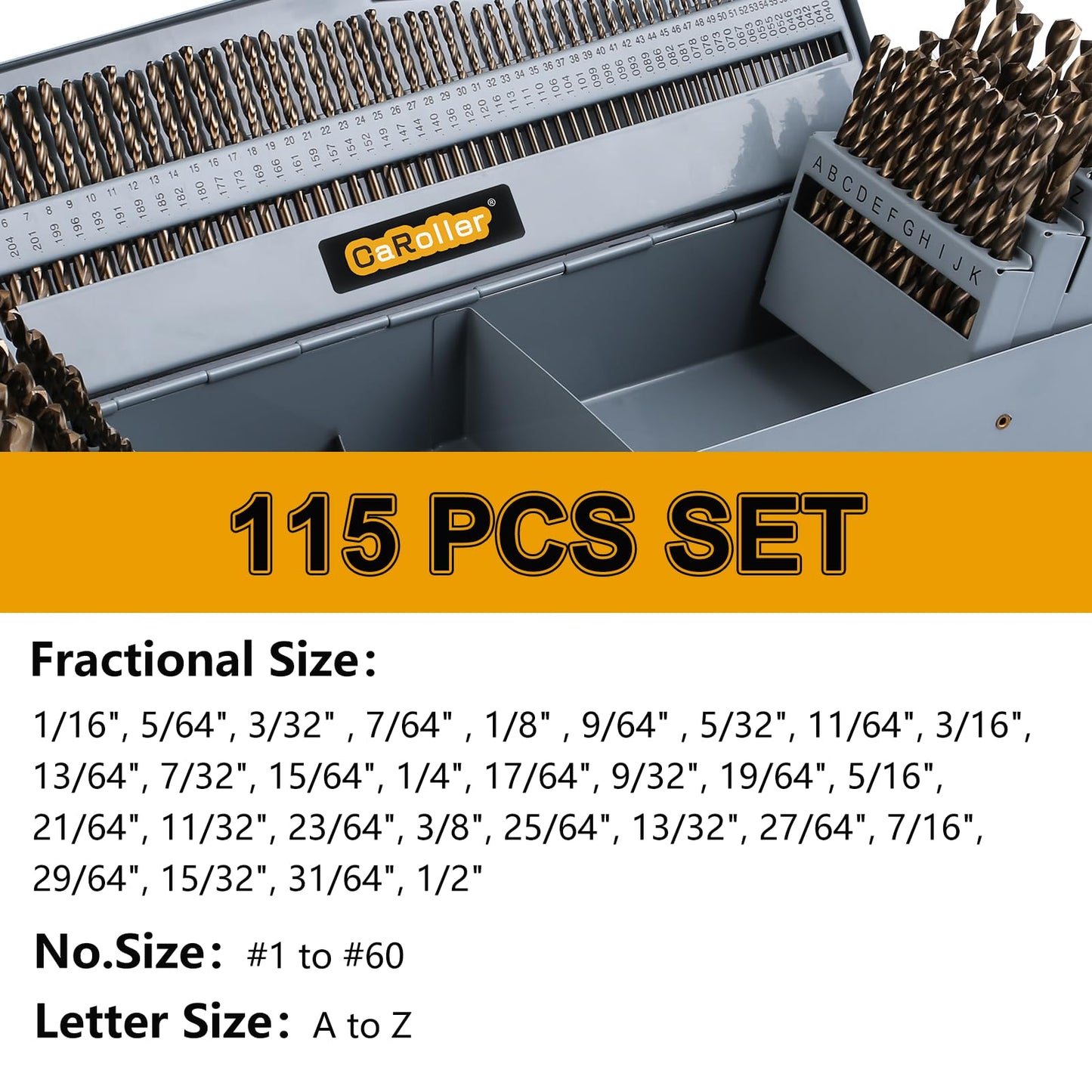 CaRoller Cobalt Drill Bit Set 115 PCS, High Speed Steel M35 Drill Bits Durable Round Shank Drill Sets for Hardened Steel, Wood Plastic, Sheet Metal, with Metal Index Storage Box (115pcs Cobalt)