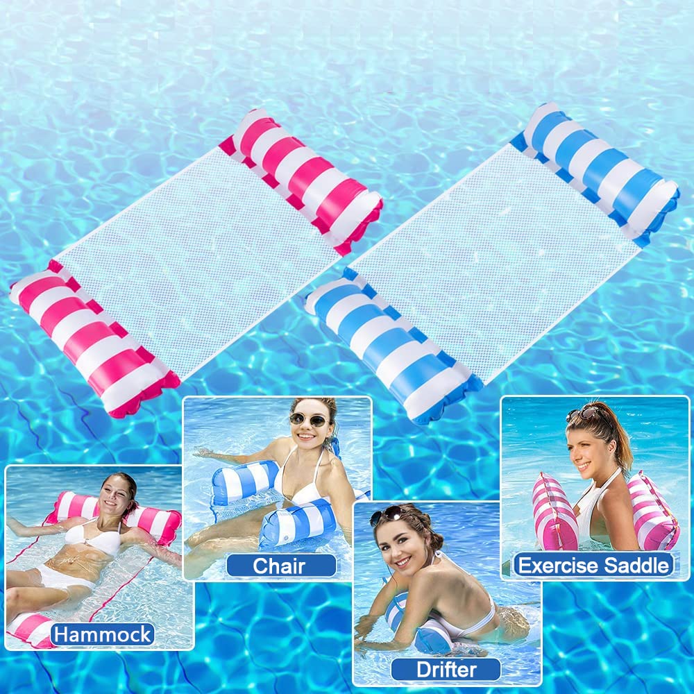 2 Pack Pool Hammock Water Hammock for Adults, Inflatable Hammocks for Swimming Pools, Relaxing Pool Lounger Inflatable Hammock Inflatable Pool Floats with a Manual Air Pump (Blue, Pink)