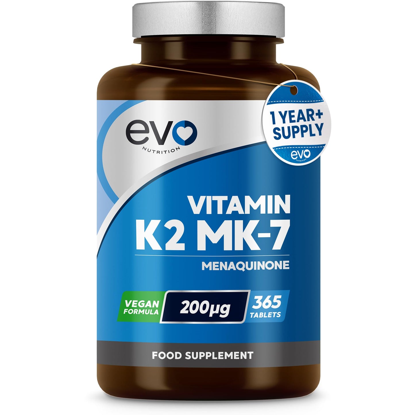 EVO NUTRITION Vitamin K2 MK-7 200mcg | 365 Vegetarian and Vegan Tablets (not Capsules) | 1-A-Day | Supports Maintenance of Normal Bones | One Years Supply of High Strength Vitamin K2 Menaquinone MK7