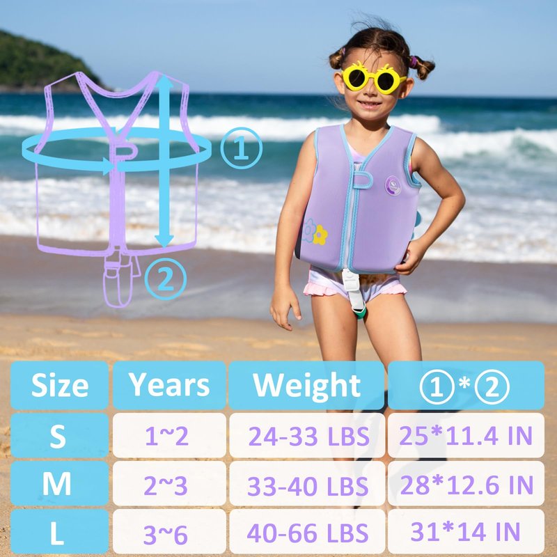 Pottwal Swim Vest for Kids - Swim Jacket for 1-2 Years (24-33LBS) - Puddle Jumper with Adjustable Crotch Strap - Made of Neoprene & EPE - Purple
