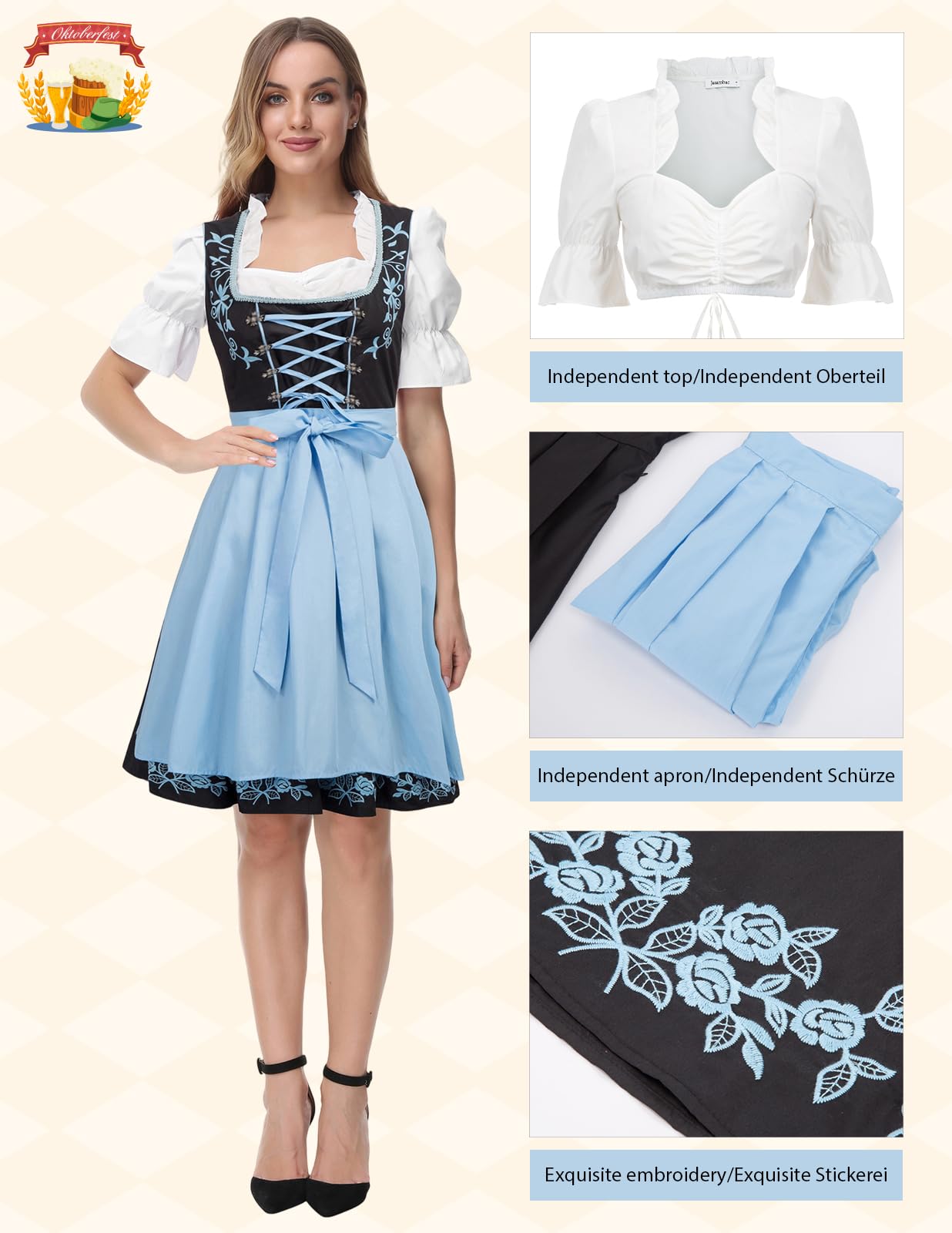 JASAMBAC Women's German Dirndl Dress for Halloween Beer Costumes Size M Color Black