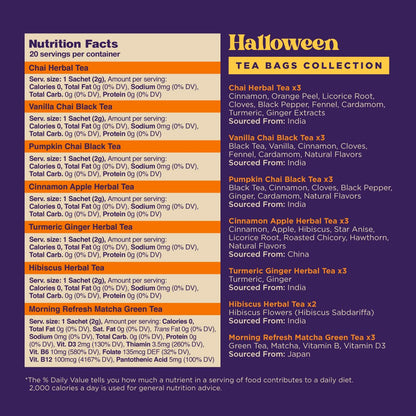 Gya Tea Co Halloween Tea Collection Autumn Tea Variety Pack, Caffeinated & Caffeine Free Holiday Gift Sampler Blends - 7 Flavors, 20 Bags Total - Easy Brew, Natural Quality Ingredients