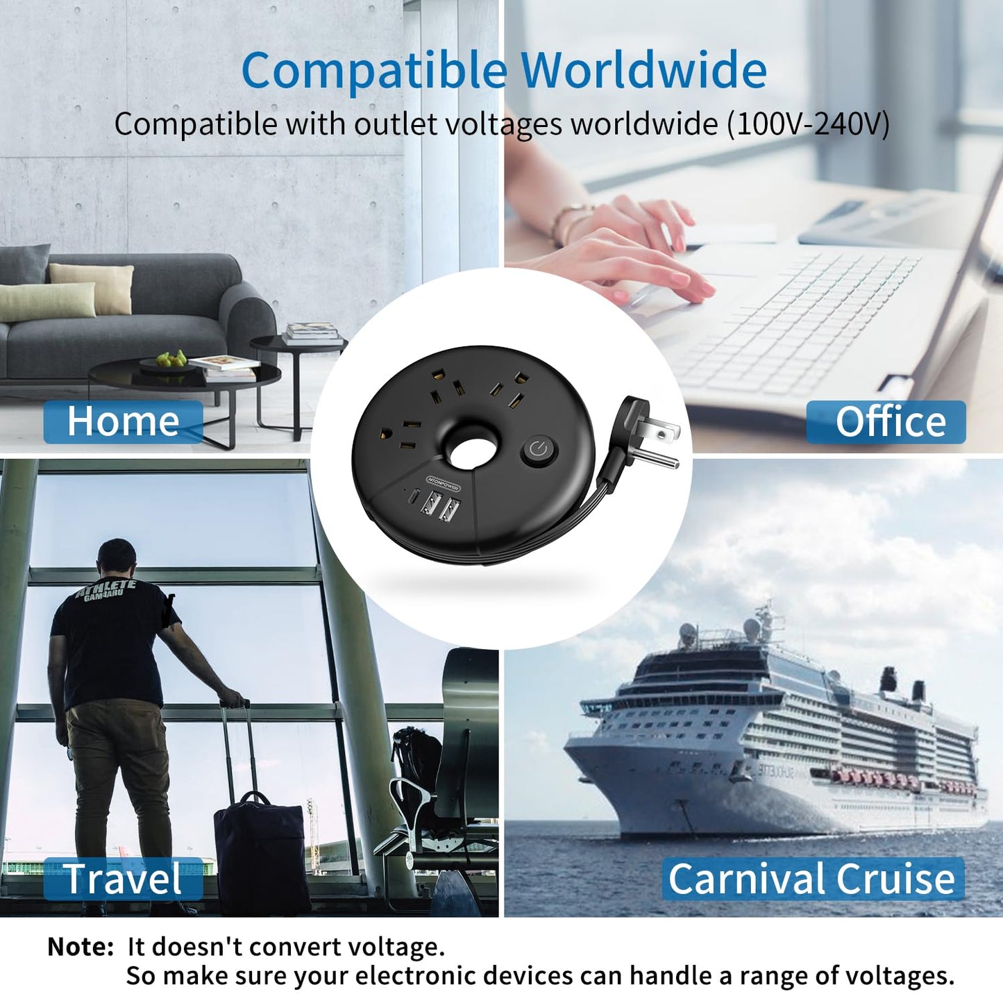 i Donut Travel Power Strip, NTONPOWER Portable Desktop Charging Station 3 USB Without Surge Protector Short Extension Cord 3.28ft Compact for Home, Office, Cruise Ships, Business Trip, Hotels, Black