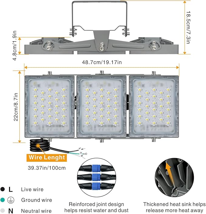STASUN LED Flood Light Outdoor, 150W 13500lm Outdoor Lighting with 330° Lighting Angle, 5000K, 3 Adjustable Heads, IP66 Waterproof LED Exterior Security Area Lights for Yard, Stadium, Parking Lot
