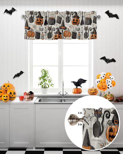 ALAGEO Halloween Valances Windows Curtain Pumpkin with Witch Hat Kitchen Valances Rod Pocket Black Cat Retro Style Short Topper Curtains for Kitchen Bathroom Living Room 1 Panel,54 by 18 inches