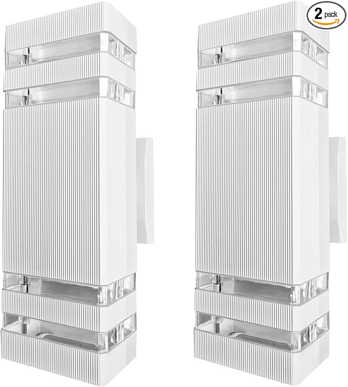 Outdoor Lights Wall Mount, White Up and Down Exterior Lighting Fixtures, Modern Square Porch Wall Sconce Aluminum Front Door Light LED Wall Lamp for Garage Garden Patio 2 Pack