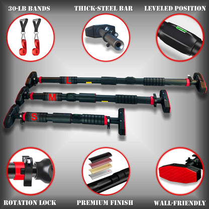 IRONSURGE Pull Up Bar for Doorway 6-piece Set with Two Attachable Resistance Bands, Training Manual, Door frame Chin Up Bar, and Two Angled Supports For Home Gym Workout, No Screws, Max 680lbs,