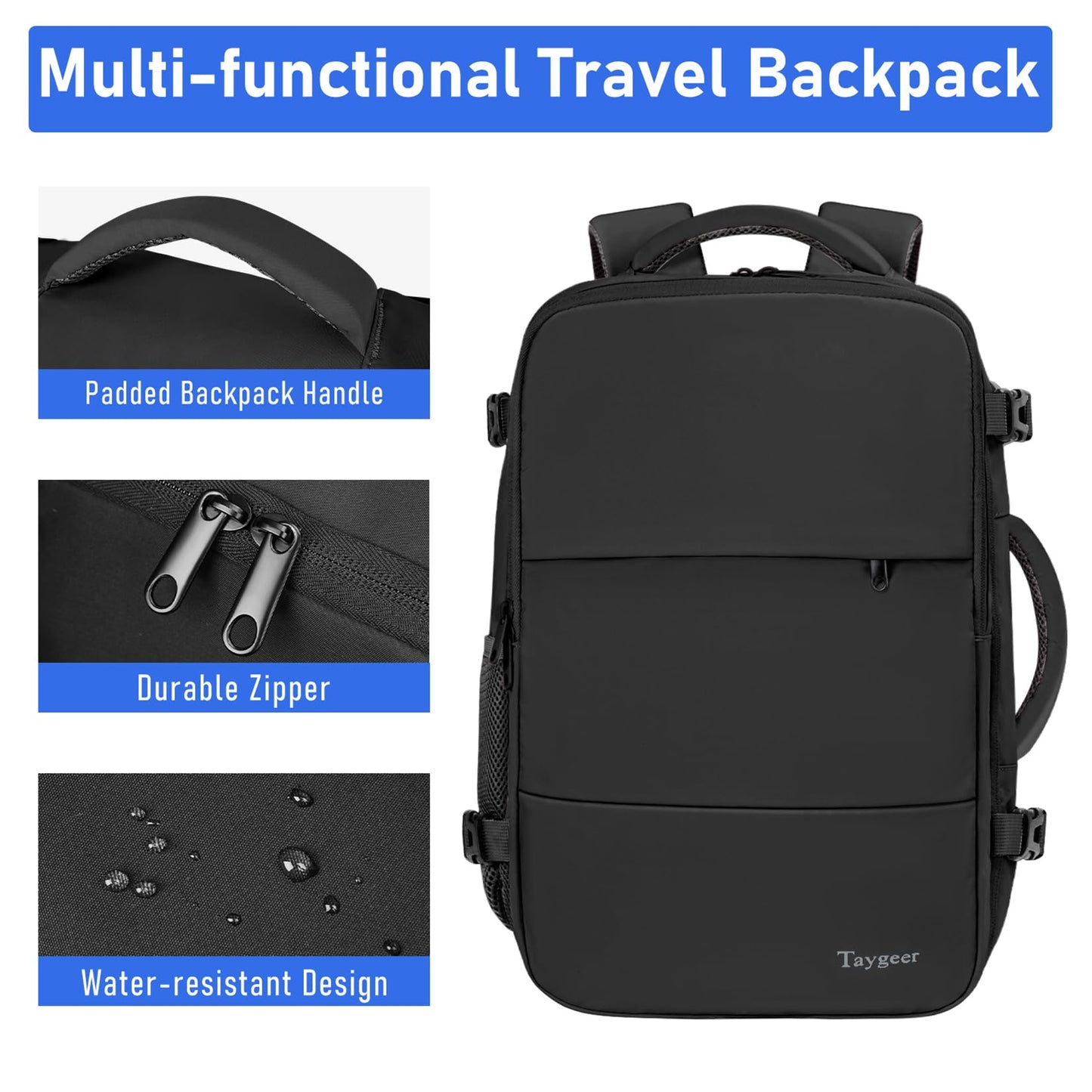 Taygeer Ryanair Cabin Bags 40x30x20 Underseat, Travel Backpack Cabin Size, Rucksack for Plane Hand Luggage Backpack for Travelling, Ryan Air Cabin Bag 40x30x20 with Separate Shoe Pouch, Black
