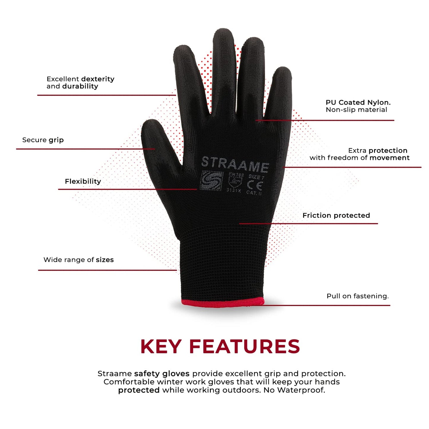 Straame Pack of 12 or 24 Black Safety Work Gloves, Outdoors PU and Nylon Non-Slip Work Handling Gloves, Good Dexterity Firm Grip Protective Working Gloves Size (Pack of 12 Pair's, L)