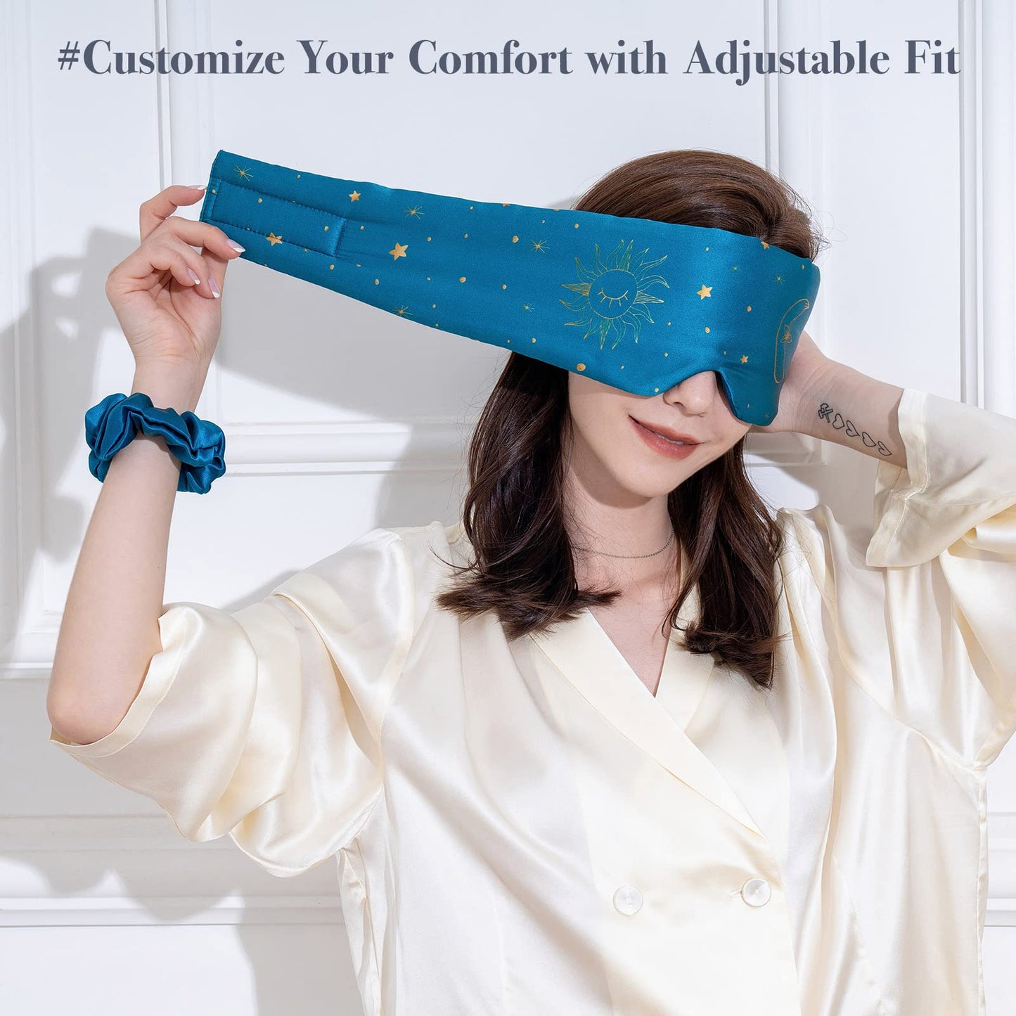 Silk Sleep Mask for Women Men, Mulberry Silk Eye Sleeping Mask & Blindfold with Adjustable Velcro Strap, Blackout Eye Cover for Sleep Travel Yoga Nap, Large Size, Black