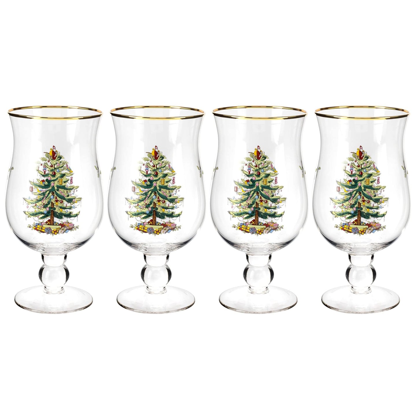 Spode Christmas Tree 17.5oz Tulip Glasses, Set of 4 - Gold-Rimmed Whimsical Holiday Glasses for Sparkling Wine & Champagne, Ideal for Holiday Brunches & New Year’s Celebrations