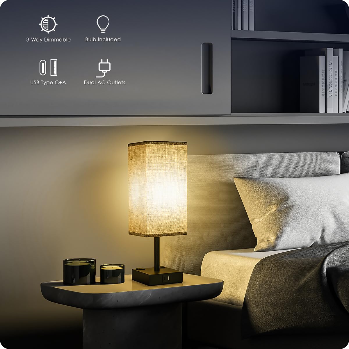 Bedside Table Lamps Set of 2 - Touch Nightstand Lamp for Bedroom with USB C+A Charging Ports & AC Outlets, 3-Way Dimmable Desk Lamp Grey Fabric Shade for Bedroom Living Room, Office(Bulb Included)