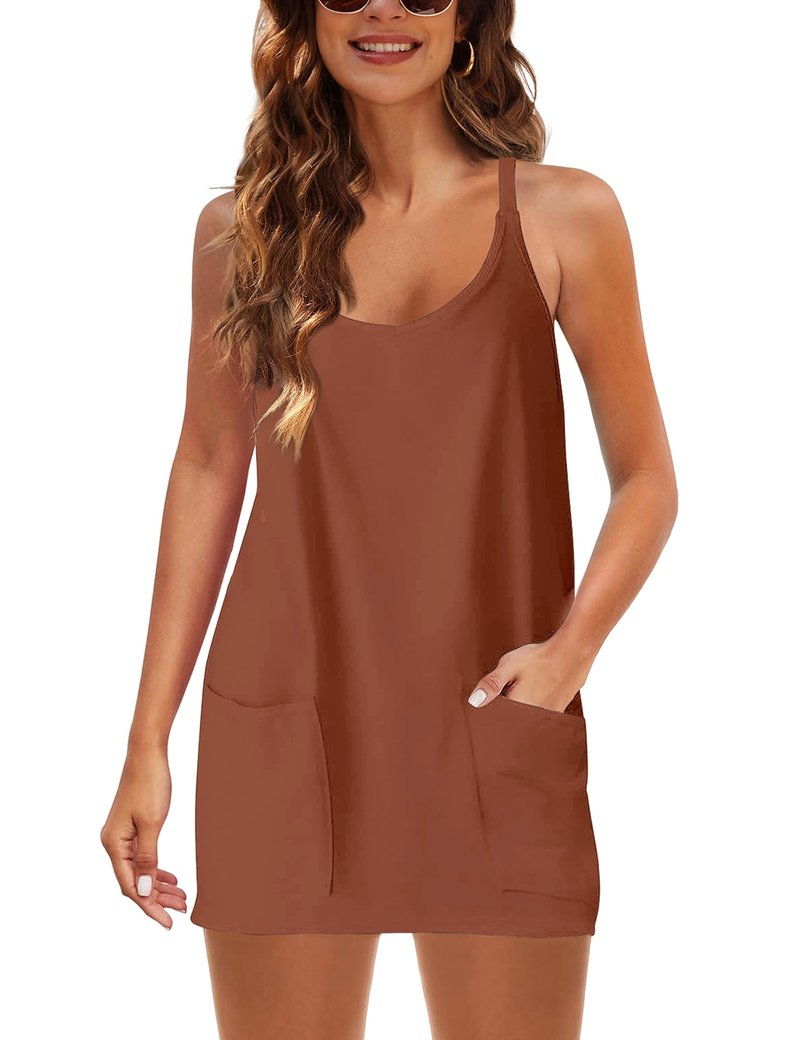 Lentta Womens Athletic Sleeveless Mini Dress with Built-in Shorts V Neck Sundress(Rust-XXL)