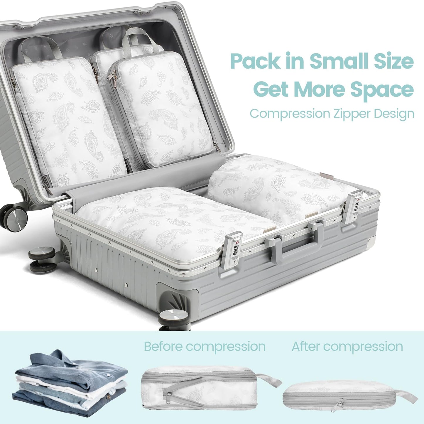 Cambond Compression Packing Cubes for Travel, 5 Pack Luggage Expandable Packing Organizers Compression Cubes for Suitcases with Laundry Bag, White Teardrop-shaped Texture
