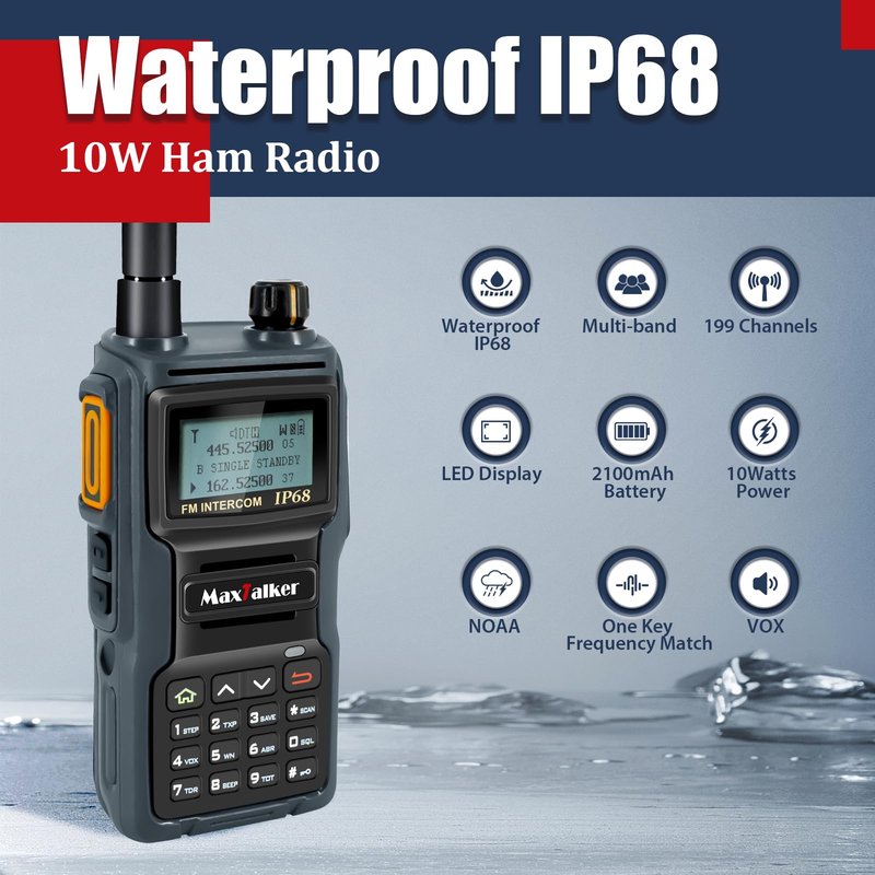 MaxTalker TK-W70 Ham Radio Long Range 5W, Handheld Radio with Programming Cable, Multi-Band Two Way Radio with 2100mAh Battery, IP68 Waterproof Ham Radio