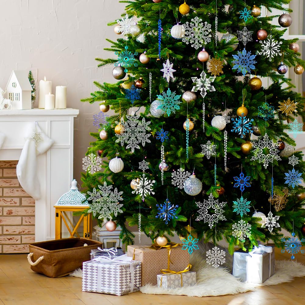 YUJUN 56PCS Christmas Snowflakes Crystal Decorations Winter Blue Snowflakes Christmas Tree Icicle Drops Ornaments Hanging Chandelier Pendants Beads for Xmas Winter New Year Wedding Party Decor