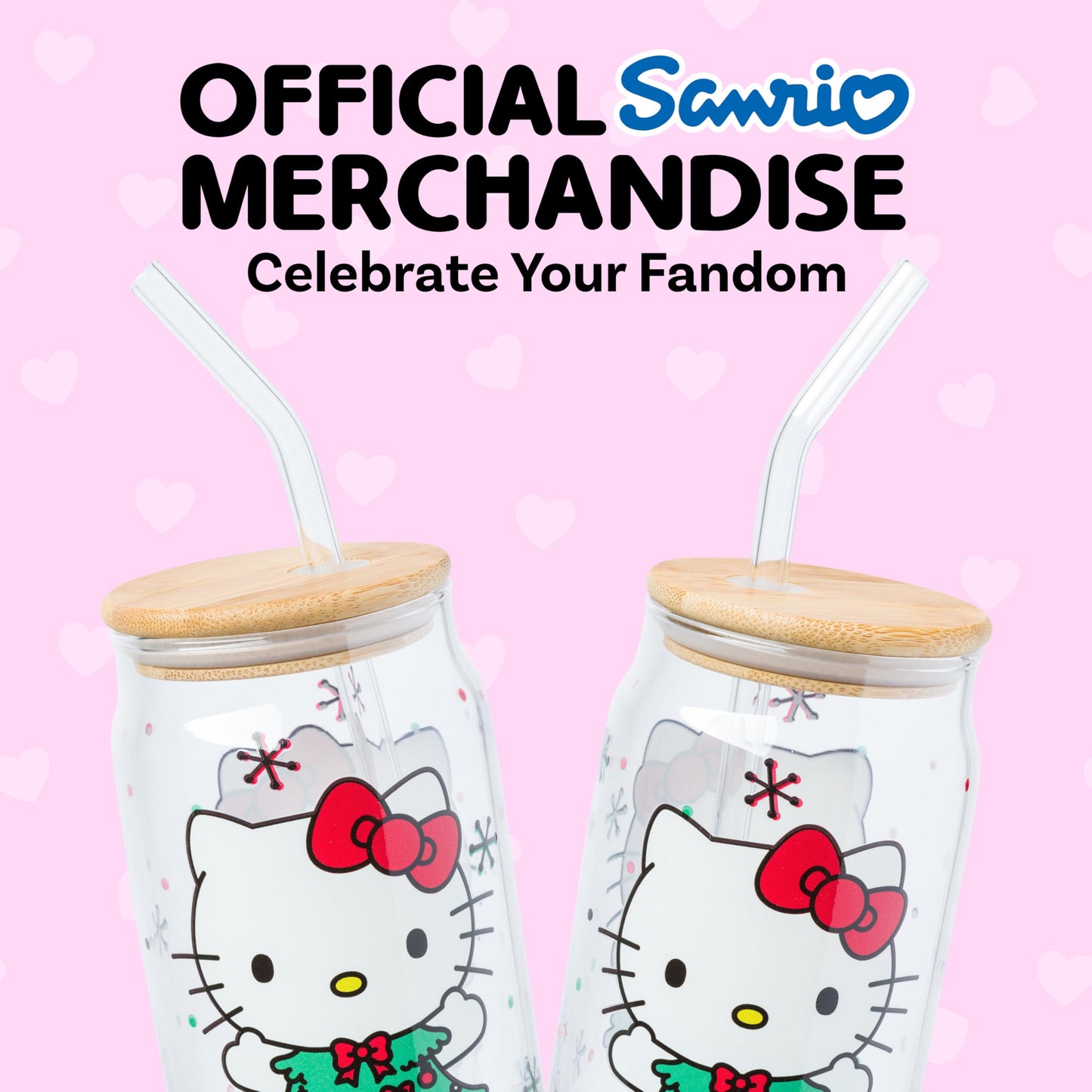 Silver Buffalo Sanrio Hello Kitty Holiday Glass Tumbler with Bamboo Lid and Glass Straw, 16 Ounces