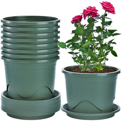 KAHEIGN 6Pcs Plastic Plant Pots, 16CM Thicken Flower Pot Root-Control Nursery Seedling Planter Decorative Garden Plant Container with Saucer for Indoor Outdoor Bonsai Plants (Green)