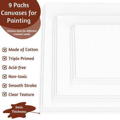 Koncci Canvas Panels Set-9 Packs (20x20,20x30,30x40), Art Canvases for Acrylic Painting, Artist Blank Canvas Cardboard, Cotton for Oil Paint & Wet Art Media Artwork School