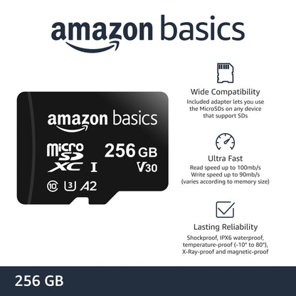 Amazon Basics Micro SDXC Memory Card with Full Size Adapter, A2, U3, Read Speed up to 100 MB/s, 256 GB, Black
