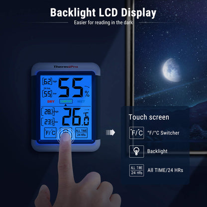 ThermoPro TP55 Digital Room Thermometer Temperature and Humidity Monitor with All Time or 24hrs Max and Min Records for Temperature and Humidity Baby Room Thermometer with Large Backlight Touchscreen