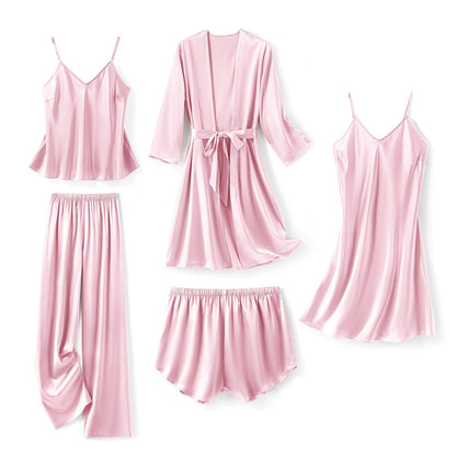 SAPJON Silk Pajamas for Women 5Pcs Sleepwear Loungewear Satin Robe Cami Shorts Pj Set Pink