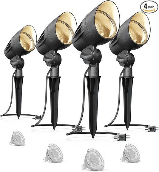 VENUS MANUFACTURING 4 Pack Low Voltage Landscape Flood Light 5Watt LED Outdoor Landscape Lighting Kits 400 Lumen Black Waterproof Spotlights 12V 2700K Warm White Metal Tree Lights for Garden & Yard