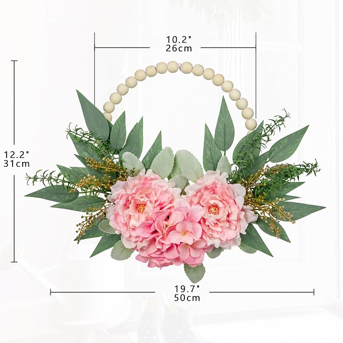 Spring Wreath 10" Artificial Floral Wood Bead Eucalyptus Leaves Peony Hydrangea Wreath for Front Door Boho Farmhouse Wall Decor 2 Pack - Pink