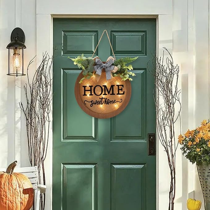 HOMCDALY Welcome Sign for Front Door, Door Wreaths for Front Door Outside, Farmhouse Welcome Wooden Door Hanger, Rustic Wall Door Sign, Seasonal Home Decorations (F-Brown)