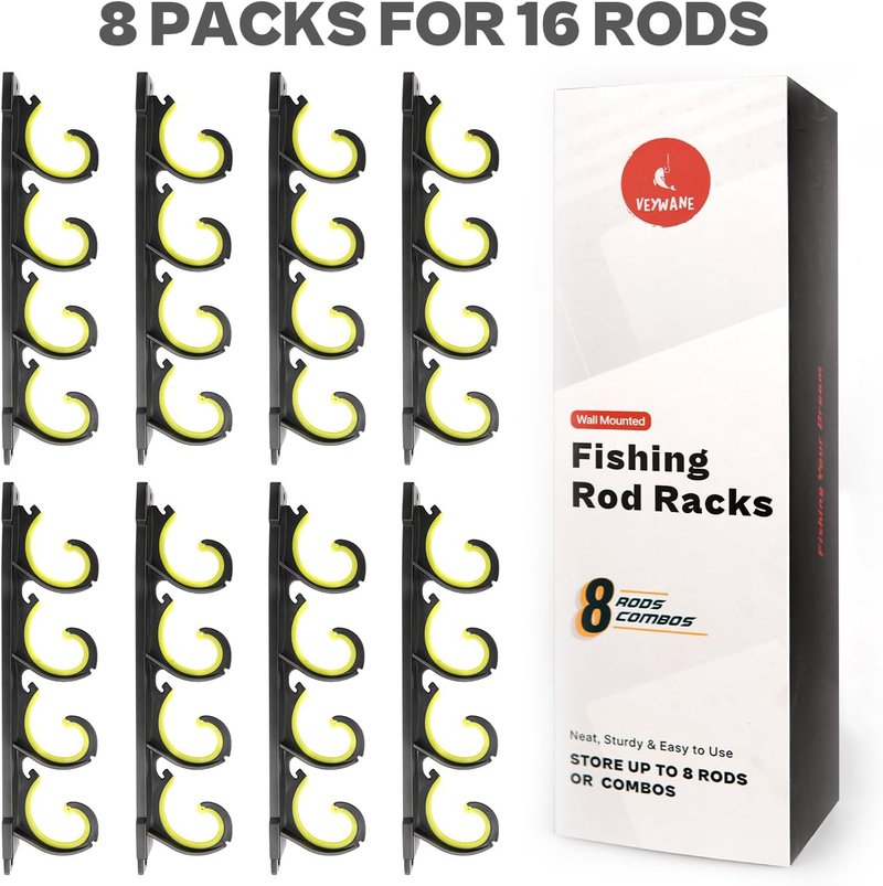 Fishing Rod Rack - Wall Mounted Rubber Coated Holders for 8/16 Poles | Garage & Vehicle Storage Solutions