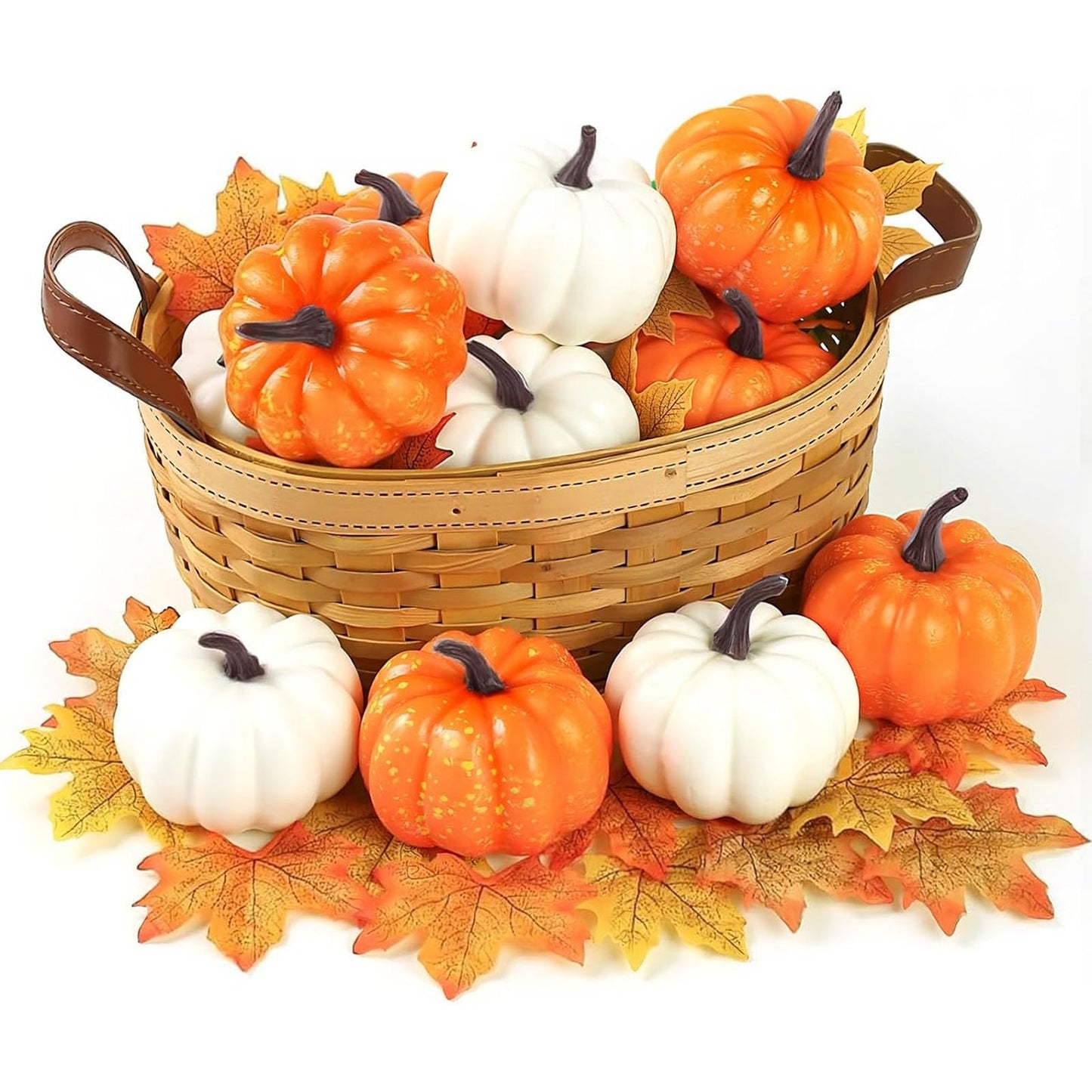 DomeStar 42 PCS Artificial Pumpkins Decorations, 12PCS Fake Pumpkins with 30Packs Maple Leaves and 1Packs String Lights for Fall Harvest Crafts Halloween Thanksgiving Decor