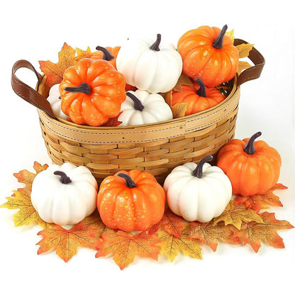 DomeStar 42 PCS Artificial Pumpkins Decorations, 12PCS Fake Pumpkins with 30Packs Maple Leaves and 1Packs String Lights for Fall Harvest Crafts Halloween Thanksgiving Decor