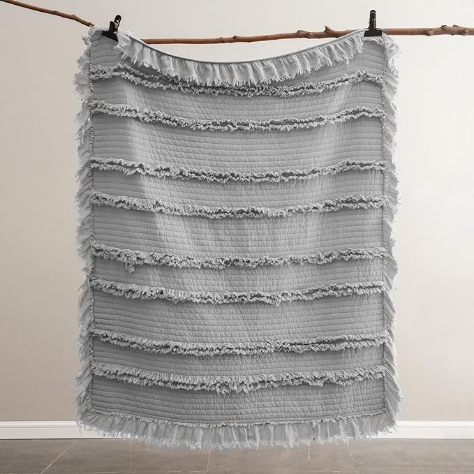 Ultra Soft Pre-Washed Quilted Boho Grey Queen Size Blankets for Bed, Ruffle Fringed Decorative Throw, Stone Washed Chic Rustic Blanket for Sofa Couch Bed, 90"*90"