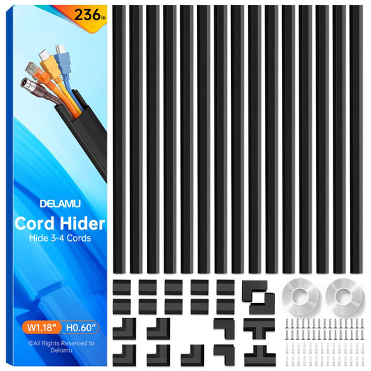 Delamu Black Cord Hider, 236in Cord Covers for 3-4 Wires on Wall, Cable Hider Wire Covers for Cords, Wire Hiders for TV on Wall, TV Cord Hider for Wall Mounted TV, 15x L15.7 W1.18 H0.6in, Black