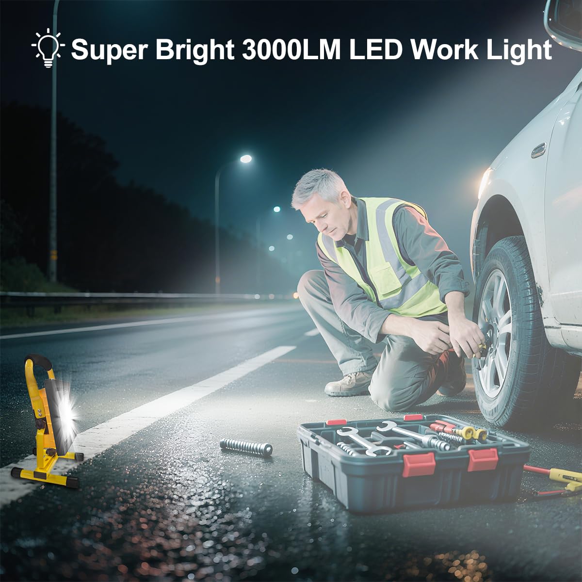 20W LED Rechargeable Work Light Super Bright 3000LM Portable Battery Floodlight Outdoor Battery Security Job Light IP65 Waterproof for Garage Garden Fishing Camping Car Repair BBQ