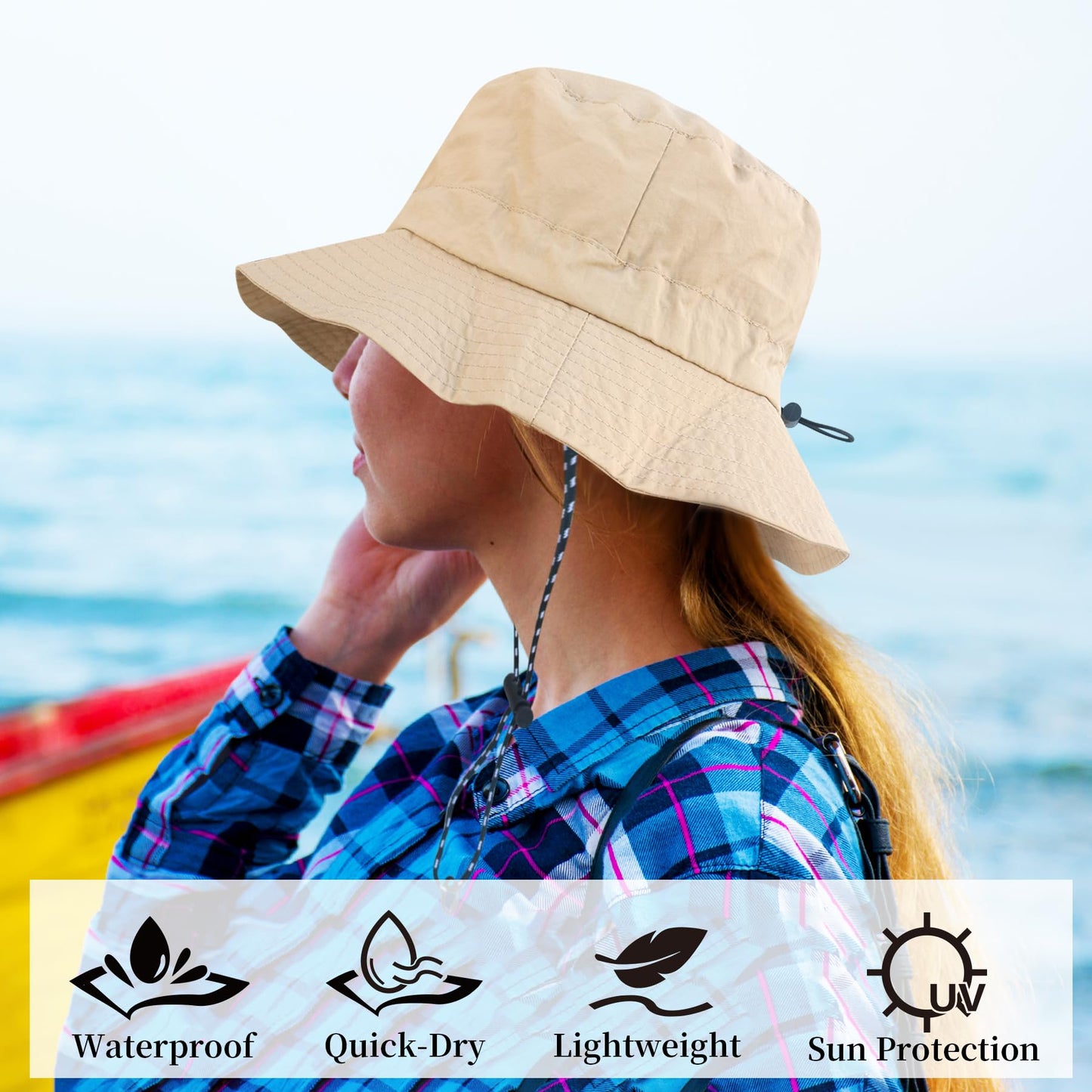 NPJY Packable Quick Dry Sun Bucket Hats for Women Lightweight Outdoor Waterproof Rain Hat with Detachable Chin Strap Small-Medium （Size: 22-22 3/4） Black