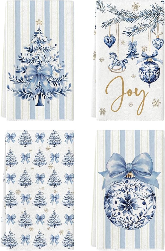 Artoid Mode Blue Porcelain Ornaments Xmas Tree Christmas Kitchen Towels Dish Towels, 18x26 Inch Farmhouse Holiday Winter Decoration Cleaning Set of 4