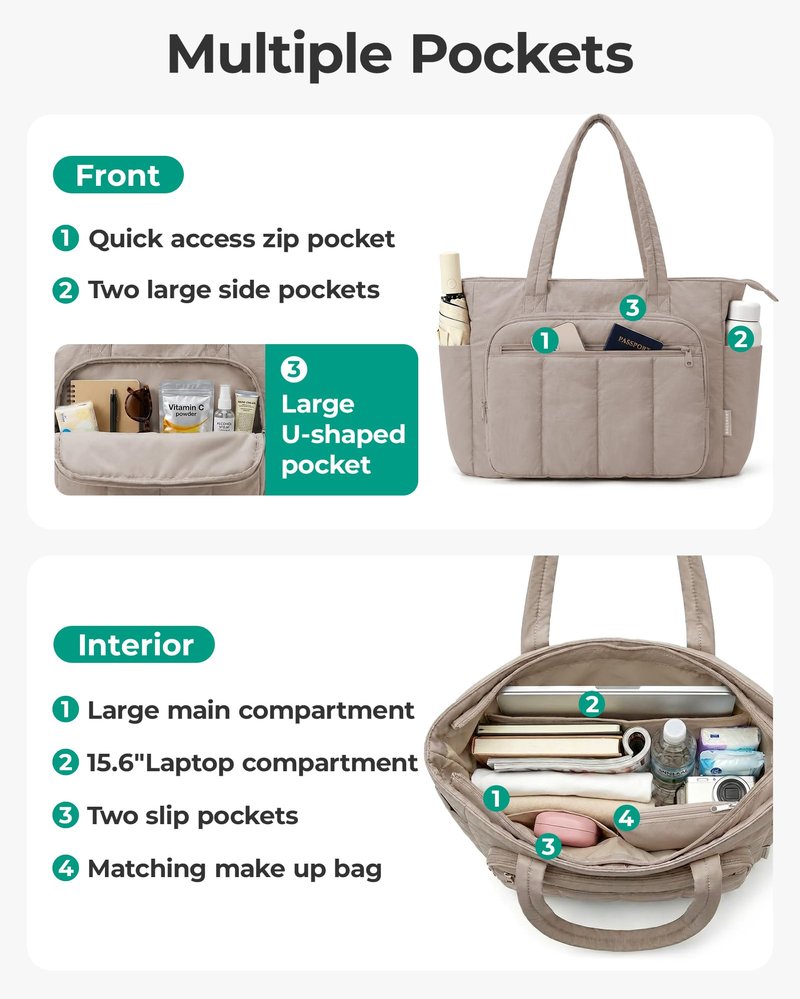 BAGSMART Tote Bag for Women, 2 Set Puffer Tote Bag with Zipper, Quilted Nurse Handbags for Work Travel College, Chocolate