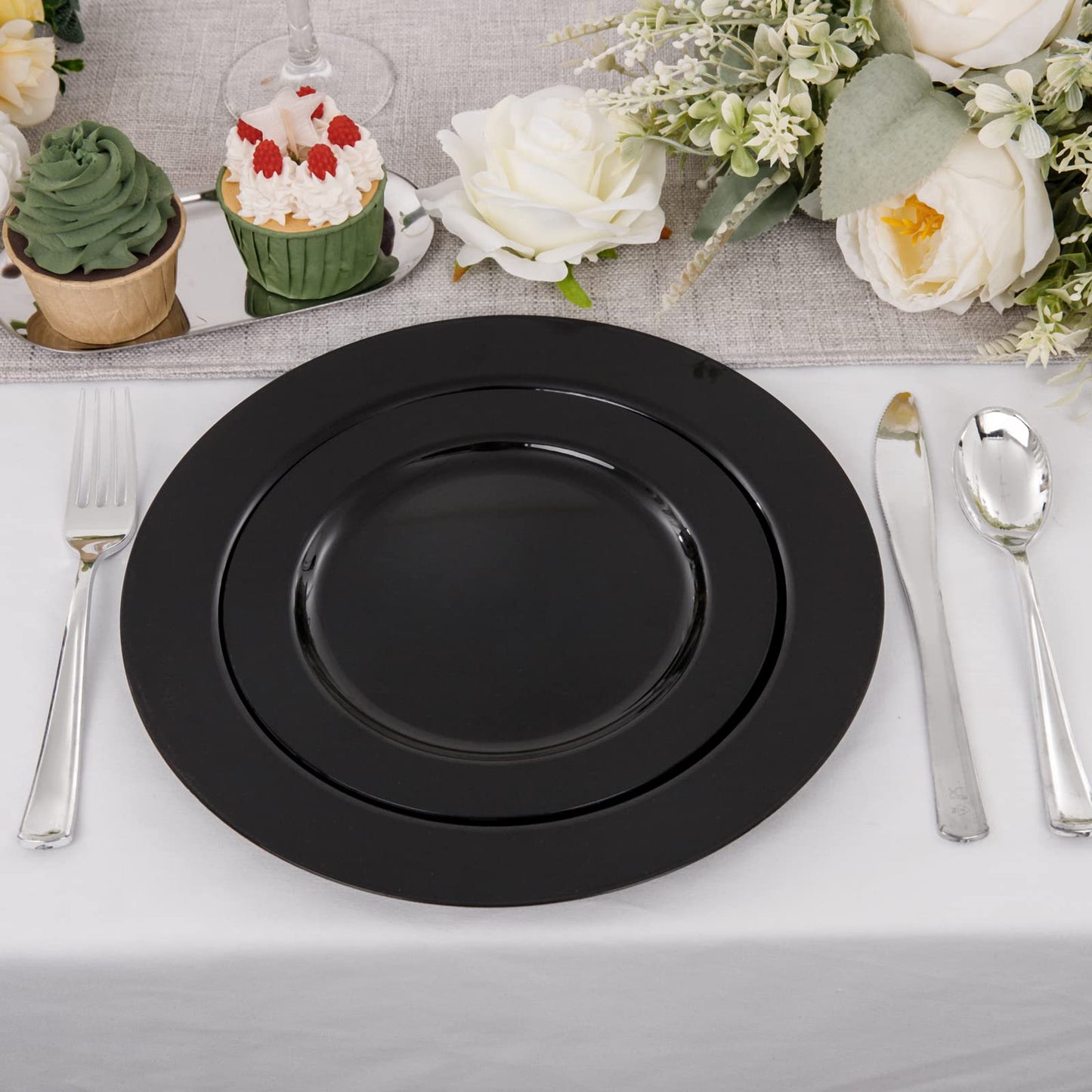 FLOWERCAT 60PCS Black Plastic Plates - Heavy Duty Black Disposable Plates for 30 guests Halloween Party/Wedding/New Year - Include 30PCS 10.25inch Dinner Plates and 30PCS 7.5inch Dessert Plates