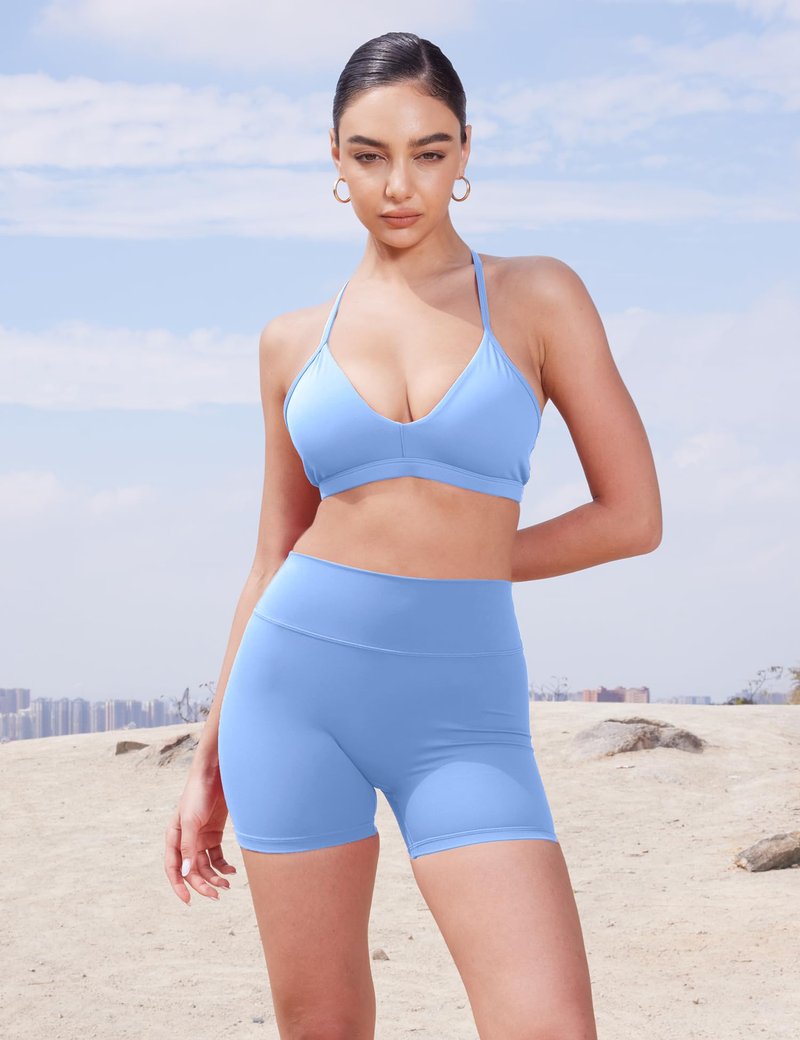 YEOREO Women's Biker Shorts 4.5" / 6" Workout Gym Shorts Craze High Waist Tummy Control Hidden Scrunch Running Yoga Light Blue M