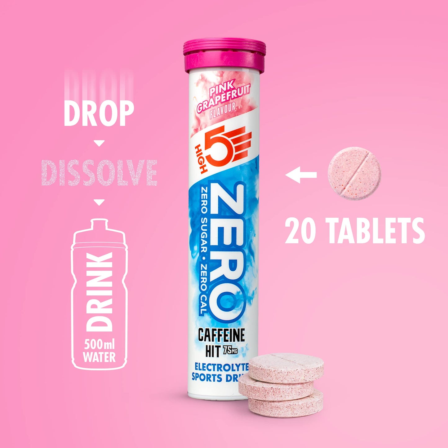 HIGH5 ZERO Caffeine Hit ElectrolyteTablets - Hydration Tablets with Vitamin C - 0 Calories & Sugar Free - Boost Hydration, Performance & Wellness - Pink Grapefruit, 160 Tablets (20x, Pack of 8)