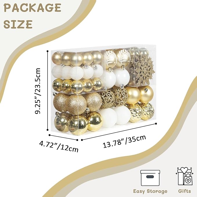 SY CRAFT 86 Pieces of Assorted Shatterproof Christmas Ball Snowflake Ornaments Seasonal Decorative Hanging Ornament Set with Hand-held Gift Package for Xmas Tree Decorations (86PCS, Gold)