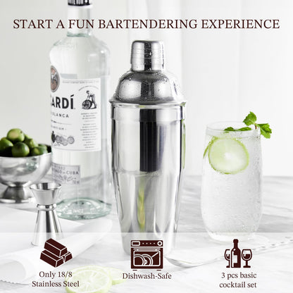 Cocktail Shaker, KITESSENSU 24oz Drink Shaker with Bartender Strainer, Measuring Jigger, Bar Mixing Spoon, Cocktail Recipe Guide, Professional Drink Mixer Set for Beginners, Silver