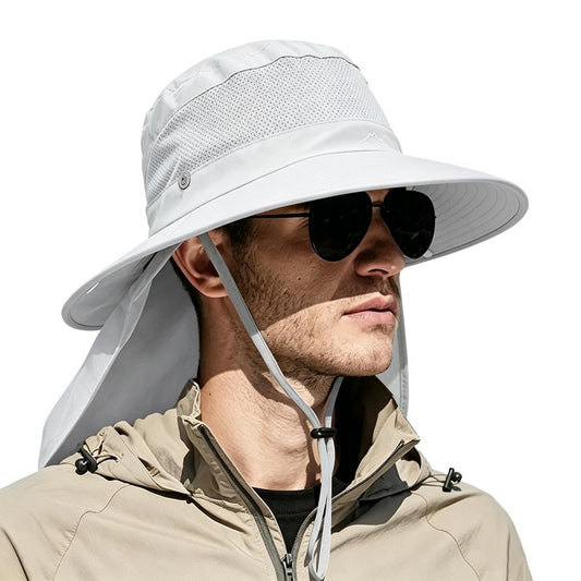 Outdoor Sun Hats with Stowable Neck Flap for Men Women UPF 50+ Mesh Summer Bucket Hat Wide Brim for Fishing Safari Hiking Light Grey