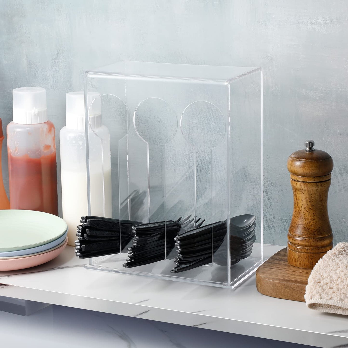 Vesici Plastic Utensil Dispenser Acrylic Utensil Dispenser Silverware Organizer Holder for Kitchen and Restaurant for Halloween Christmas(3 Compartment,Clear)