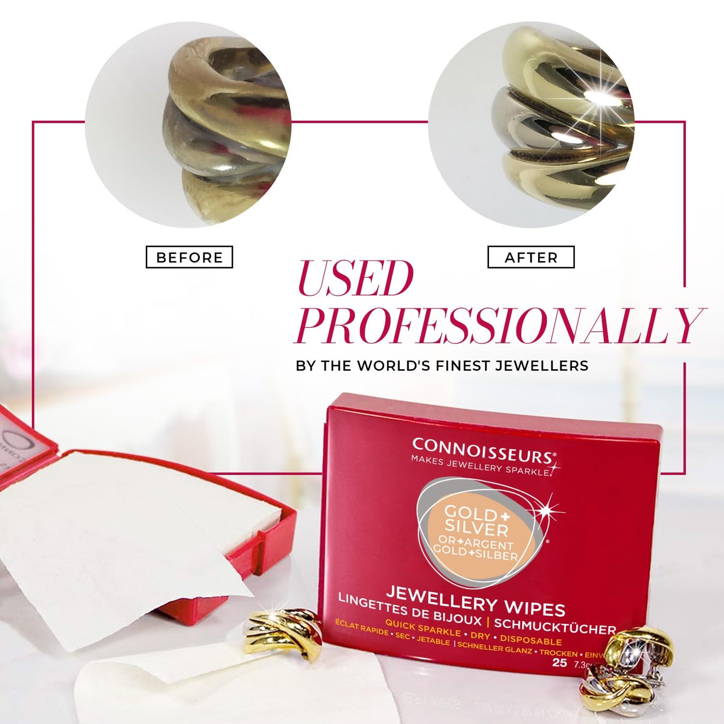 Connoisseurs Jewellery Wipes | 25 Jewellery Cleaning Wipes for Gold & Silver Jewelery | Anti-Tarnish Protective Shield | Dry, Disposable